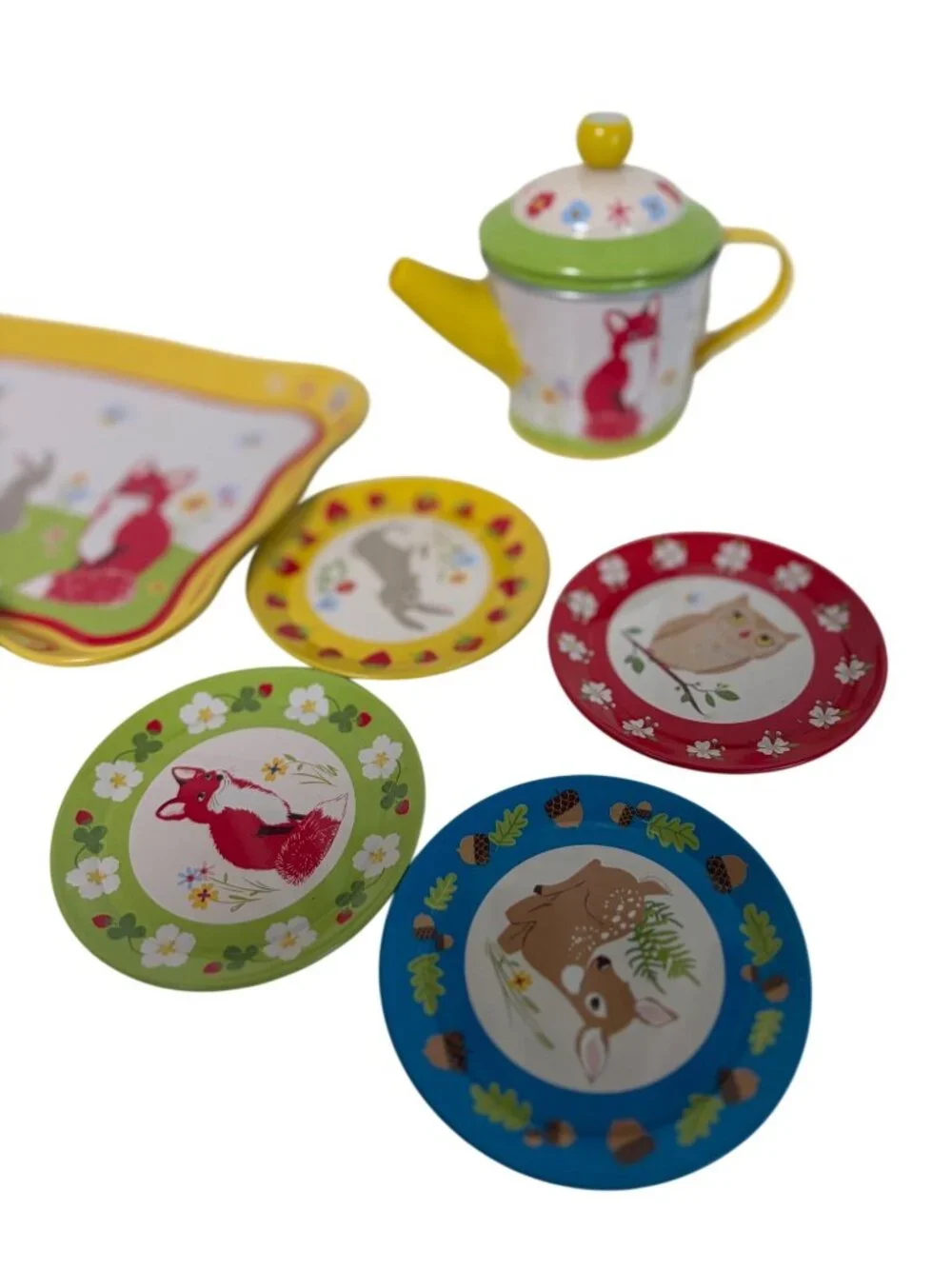 Metal Child Play Teaset 14 piece Multicolor floral Tray Teapot 4 cup Saucers 4 d